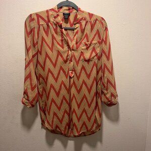 Rue 21 Women's Size Small Sheer Zigzag Striped V-Neck Tunic Blouse Long Sleeve